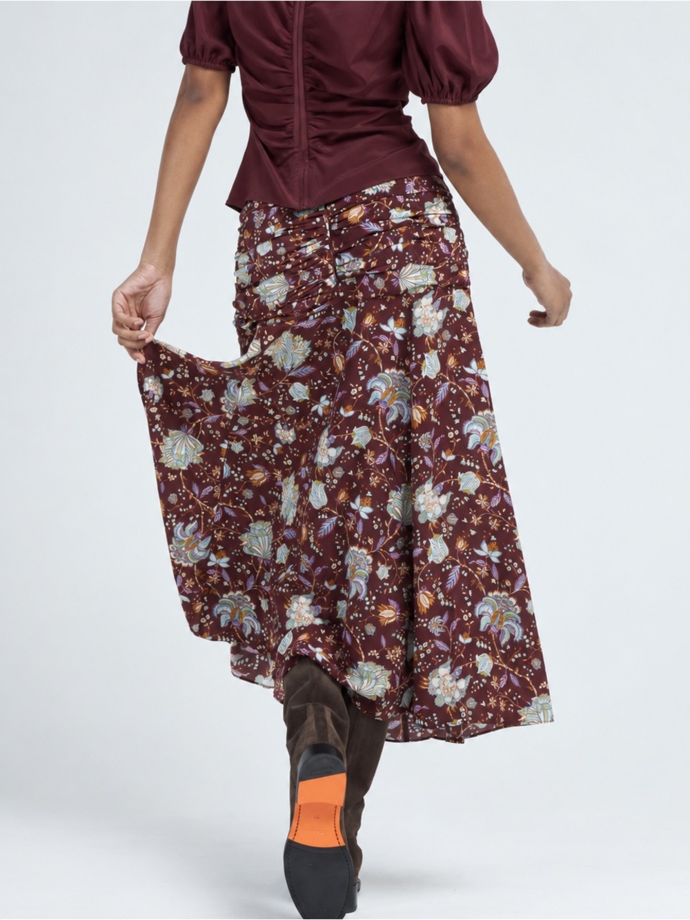Ulla Johnson Imani Heliotrope Floral Ruched Silk Midi Skirt Size 10 - Picture 5 of 13